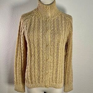 St John Sweater Womens Small Gold Cable Knit Crop Top Snap Front High‎ Neck